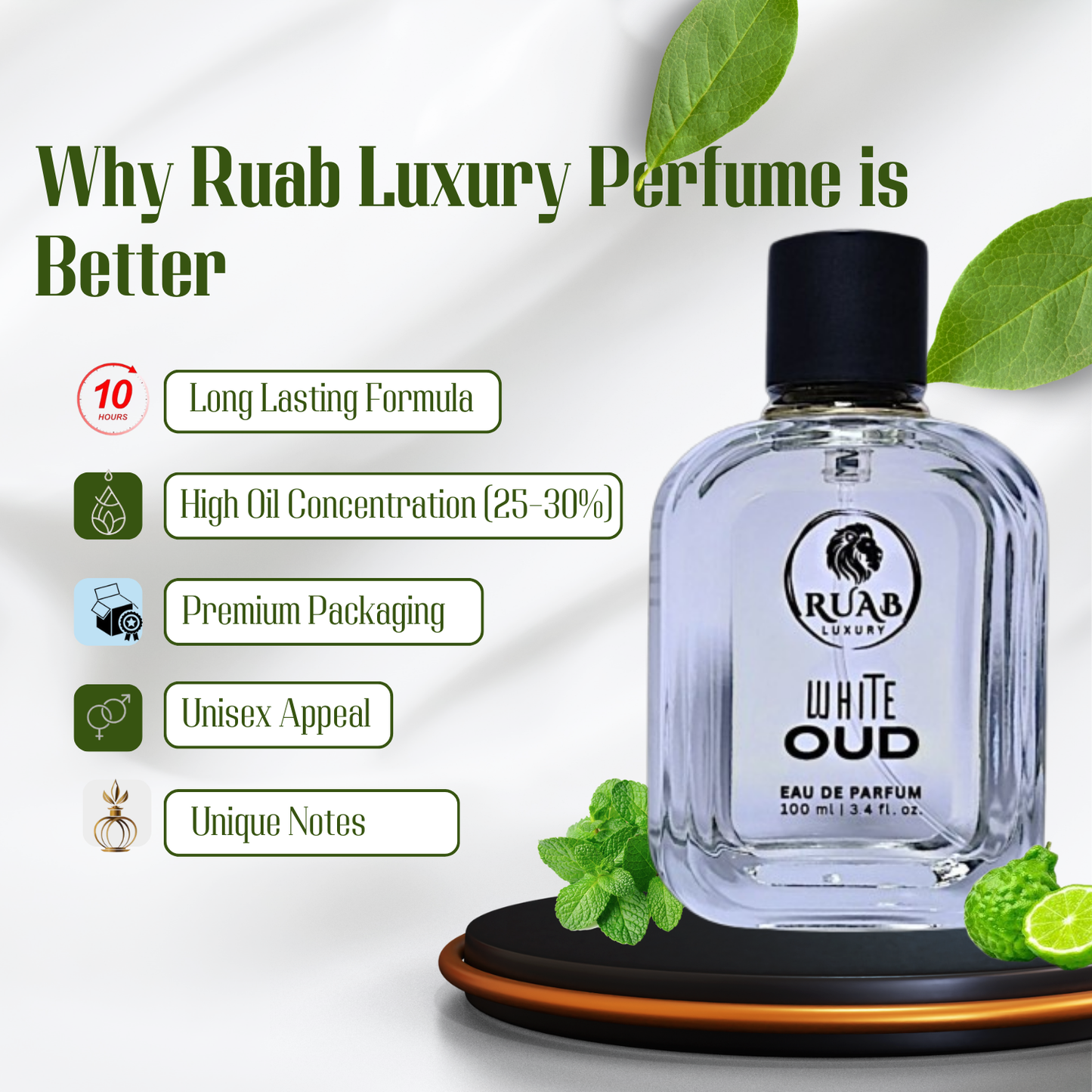White Oud Perfume | Luxury Unisex Fragrance | Long Lasting | Premium Oud & Amber Notes | 100ml – RUAB LUXURY